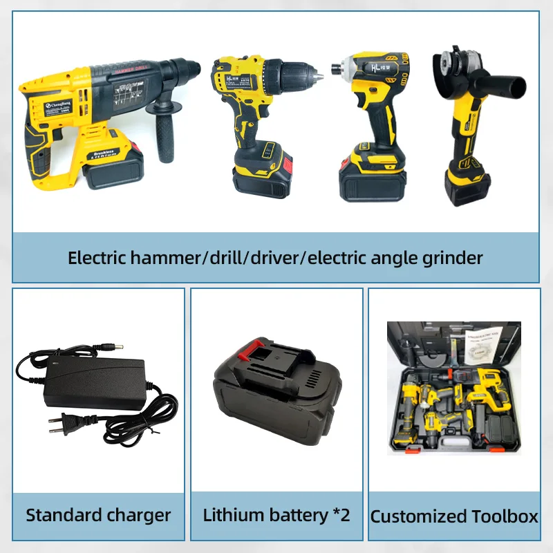 HENGLAI 100mm/125 Power Tools cordless Brushless Angle impact Drill and Rotary haer drill tool set