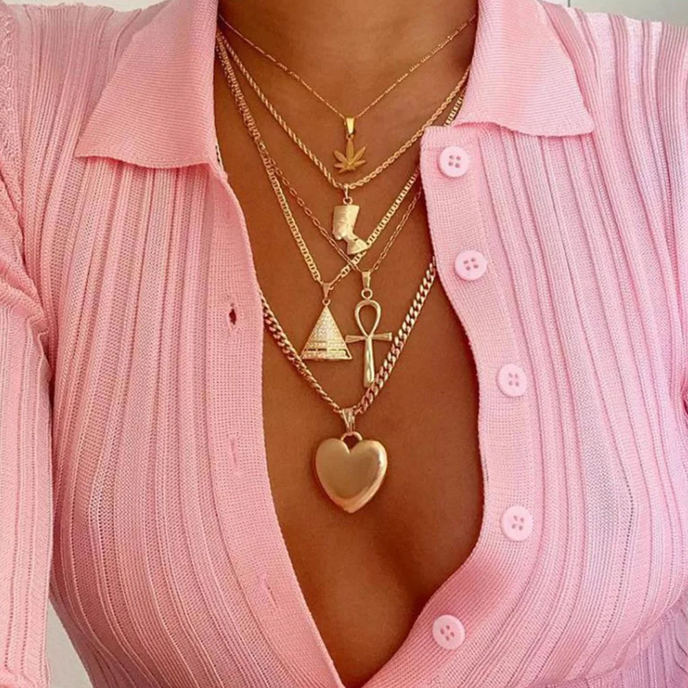 European Fashion Hotsale Multi Layered Cross Egypt Necklace Gold Plating Maple Leaf Heart Pendant Necklace