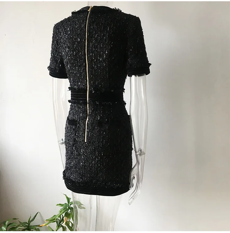 Luxurious Designing Elegant Lady Short Sleeve Buttons Bling Bling Black Thick Tweed Short Sheath Casual Women Dress