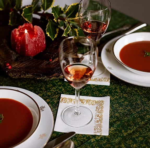 White & Gold Floral airlaid beverage napkins--Disposable Linenlike Fancy Flowered Paper Napkins For Bathroom