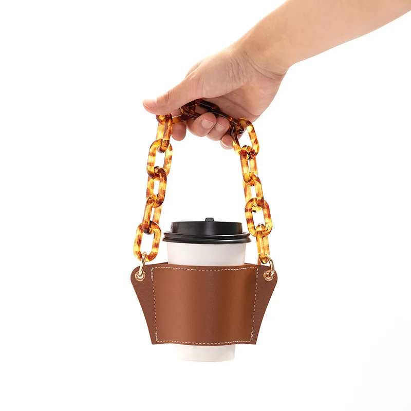 New Acrylic Chain Coffee Cup Cover Pu Leather Accompanying Cup Portable Anti-scalding Heat Insulation Tea Cup Protective Cover