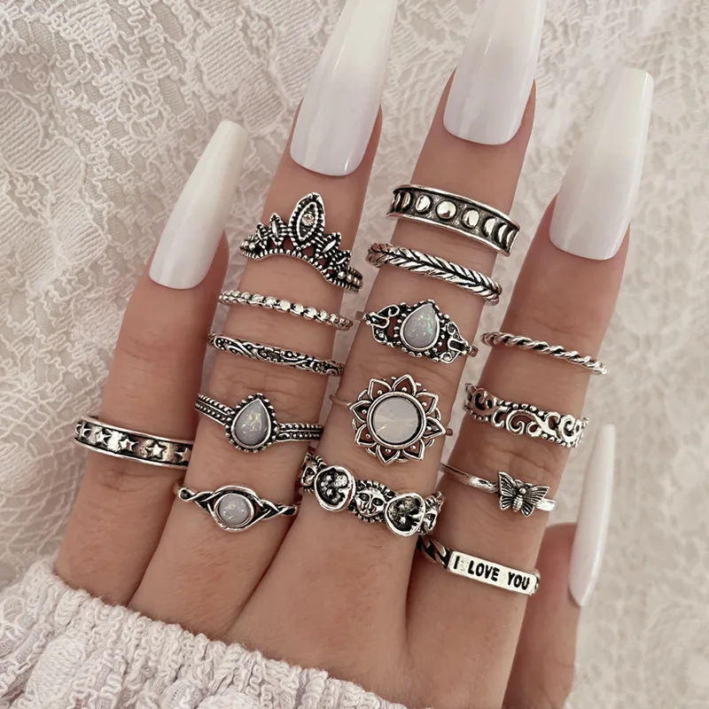 15Pcs/Set Bohemia Wholesale Butterfly Sun Moon Star Color Ring Set Knuckle Midi Finger Rings Engagement Joint Rings