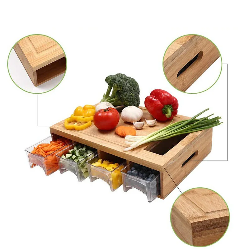 Оптовая продажа Бамбуковая разделочная доска с 4 ящиками для кухни приготовления пищи