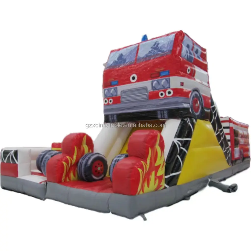 Best selling outdoor toy fun city games inflatable bouncer jumping castle big commercial fire truck inflatable slide