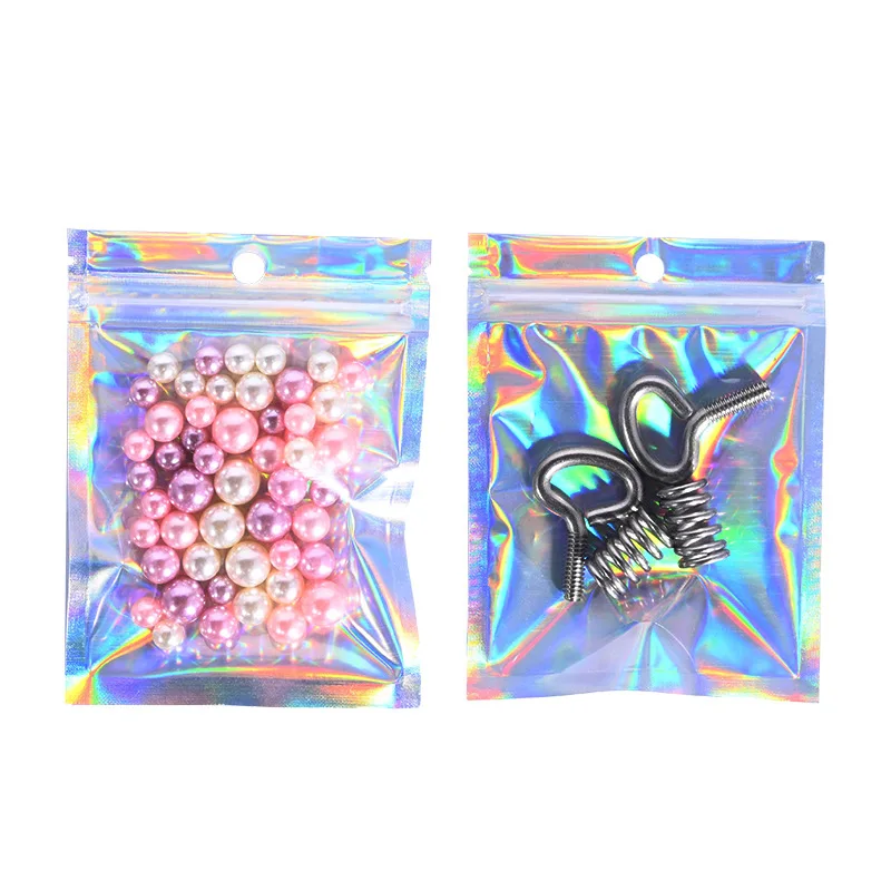 Custom printed logo redusable laser foil plastic pouch holographic jewelry packaging bag