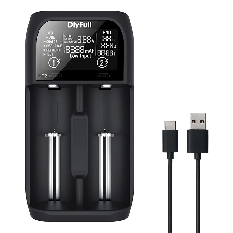 Dlyfull 2-Bay Universal Battery Charger with LCD for Li-ion/NiMH/NiCD Rechargeable Batteries, Type  USB Input, Portable Charger