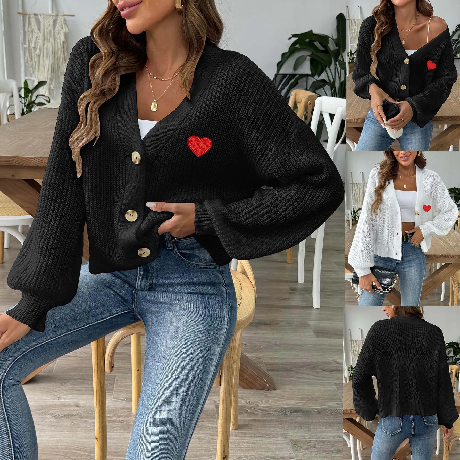 Stocks Manufacturer OEM Embroider Love Heart knit sweaters rib open front blouse coats tops knitted sweater cardigan for women