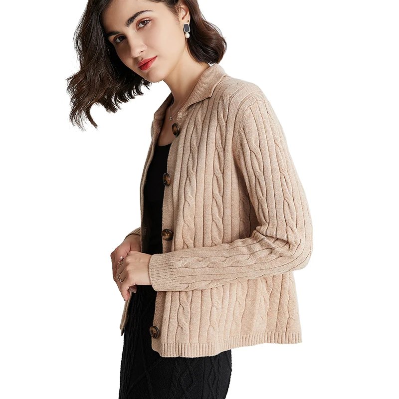 Fashionable Polo Neck Cable Knit Womens Knitted Sweater Cardigan factory