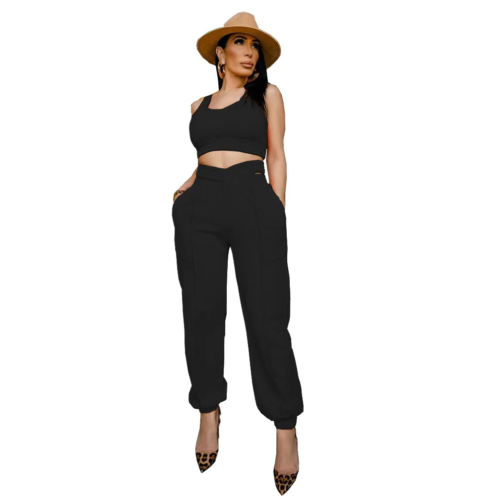  custom logo sexy tank top high waist trousers 2 piece casual suits womens two pants set for