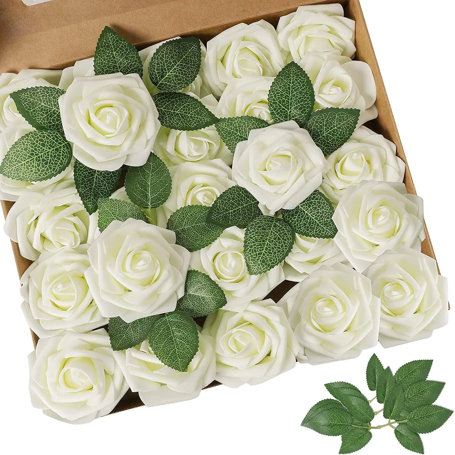Artificial Flowers 25pcs Real Looking Ivory Foam Roses with Stems for DIY Wedding Bouquets Bridal Shower Arrangements Party