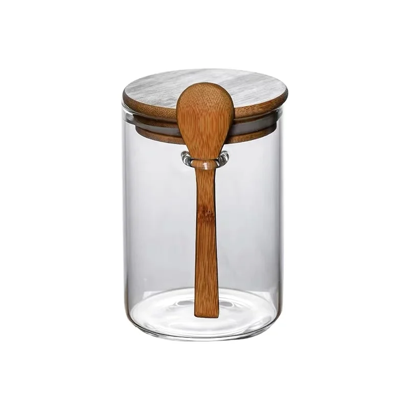 Japanese simplicity airtight storage box glass spice jar with wooden lid and spoons