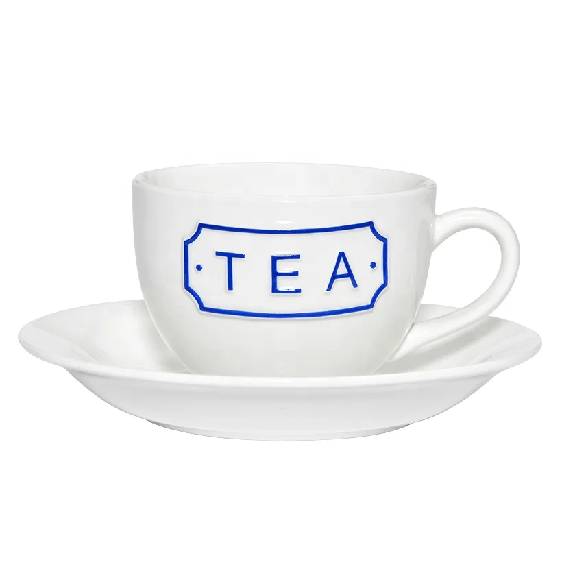 Modern Simple Style Ceramic Cup And Saucer Set Craved White Color Coffee Tea Dessert Restaurant Cups with Golden Edge