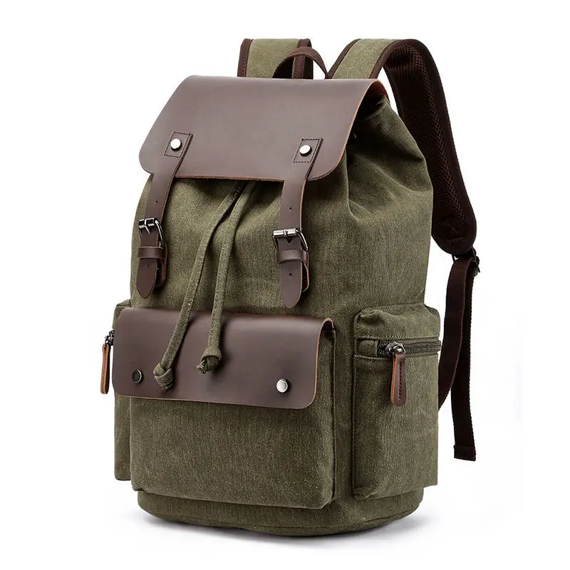 Unisex Vintage Leather Backpack with Anti-theft Feature Denim Canvas Laptop Rucksack with Polyester Lining for Men and Women