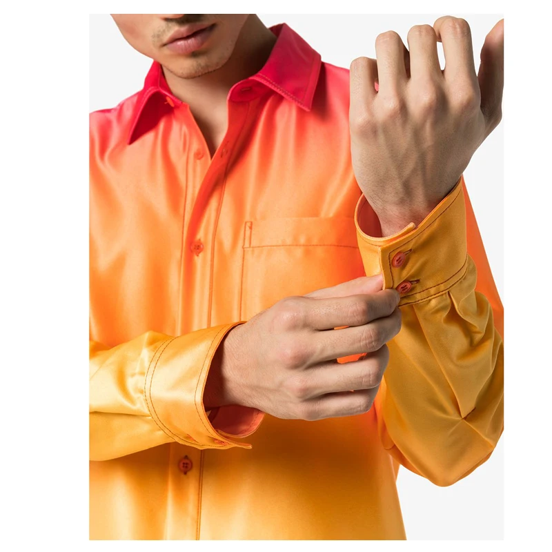 Gradient Satin Shirts for Men Custom High Quality Orange and Yellow Casual Shirts Long Sleeve Gradient Shirt Full Satin Fabric