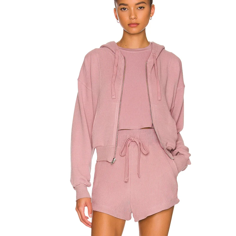 New fashion womens contracted leisure vintage long sleeve hoodie Shorts three piece suit