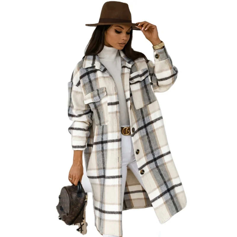 
Women Clothing Winter Gray Oversized Apricot Plaid Jacket Checkered Flap Detail Coat 