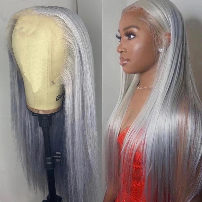 Lace Closure Brazilian Remy Straight Human Hair Wig Gray Color Blonde Hd 30 Inch Gray Hair Wig Silver Color Lace Frontal Wig