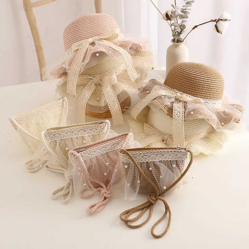 2022 wide brim Summer children new Beach Sun Hat Girl lace pearl Bucket Straw Hat and bag set beautiful outdoor travel hat kids