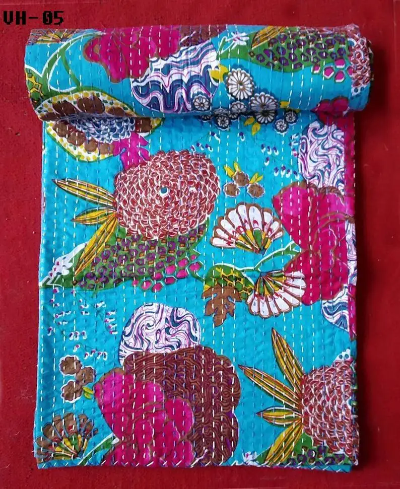 multi colour kantha Indian katha quilt handmade stitched cotton reversible Cotton Indian Printed Floral 100% Cotton