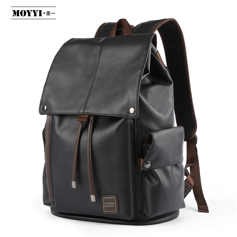 Custom Logo Waterproof Pu Leather Black School Men Backpack for University Students Travel Laptop Backpack