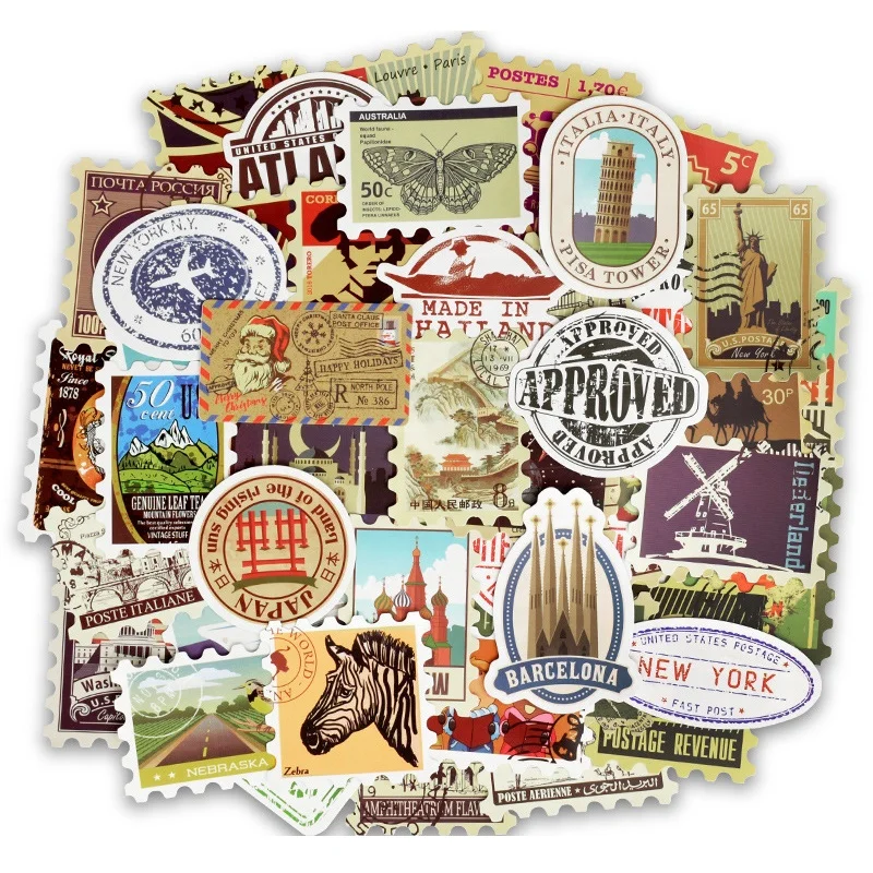50Pcs Postage Post Stamp Gift Souvenir Collect Retro Classic Travel Waterproof Skateboard Luggage Cartoon Sticker