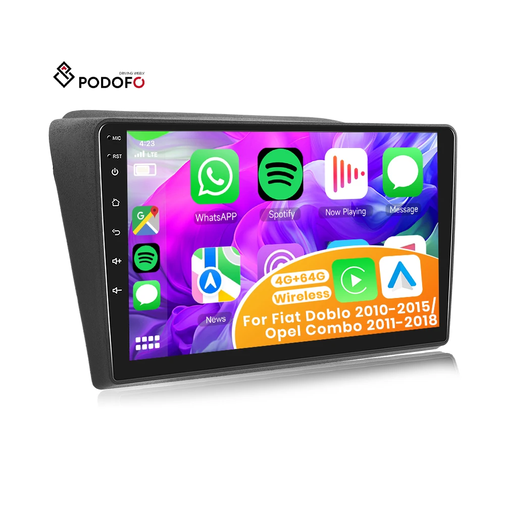 Podofo Android Car Radio Frame 4+64G 9' Wireless Carplay Android Auto For Fiat Doblo 2010-2015/Opel Combo 2011-2018 IPS DSP
