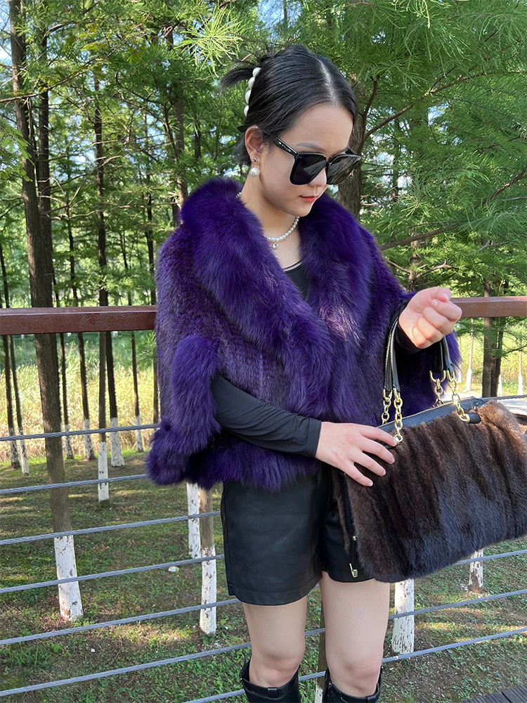 2023 women winter luxury hand knitted real mink fur shawl ladies mink fur capes with fox fur collar classic poncho design
