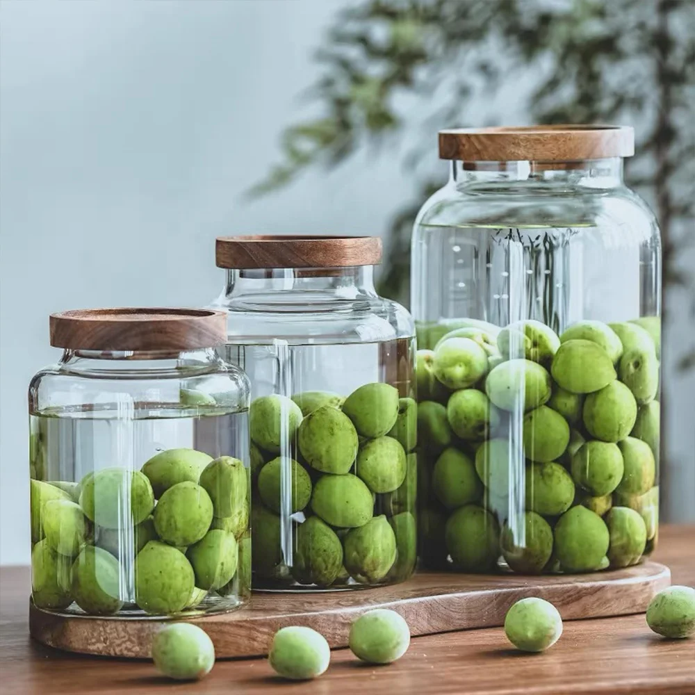 Wholesale 1.6L 2L 3L Food Containers Airtight Large Glass Storage Jar with Acacia Wooden Lid