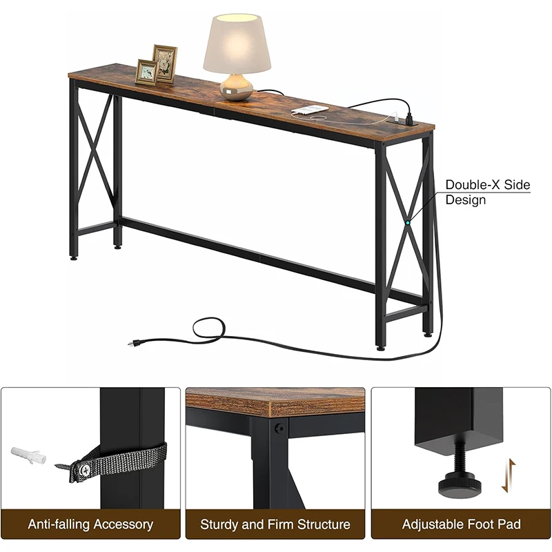 Custom Rectangular Living Room Console Table with Power Outlet Metal Frame Narrow Sofa Table Farmhouse Table Behind Couch