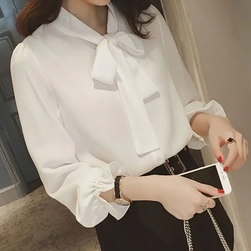 Women Pure Color Elegant White Shirt Fashion Chiffon Bow Tie Shirt