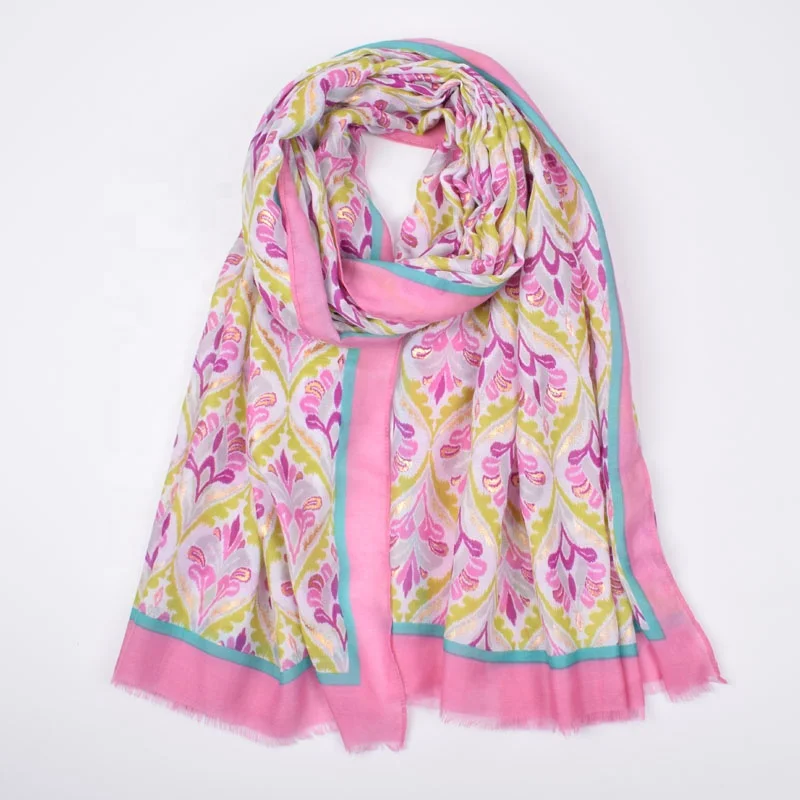 Newest Spring Summer  Beach Shawl Floral Print Scarves Soft Viscose Stylish Shimmer Glitter Wraps Muslim Gold Foil Boho Scarf