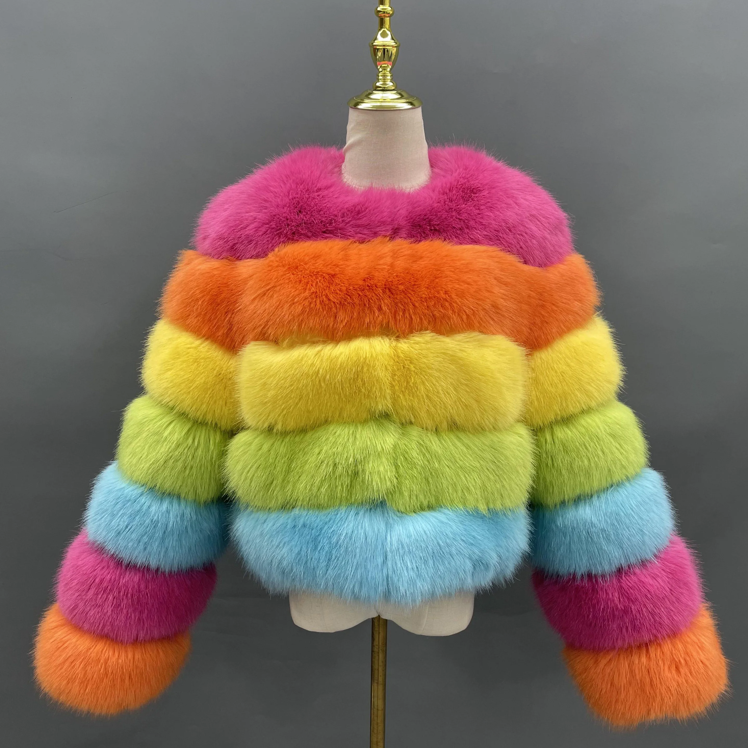 Jstar factory New Winter Women Faux Fox Fur Coat with Hood Fashion Short Style Bobble Fake Fur Coat for Lady
