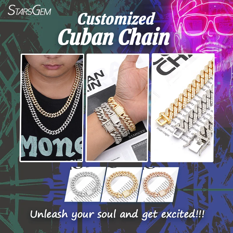 Starsgem DEF VVS melee round brilliant cut moissanite diamond full setting S925 silver pure gold chain bracelet jewelry men