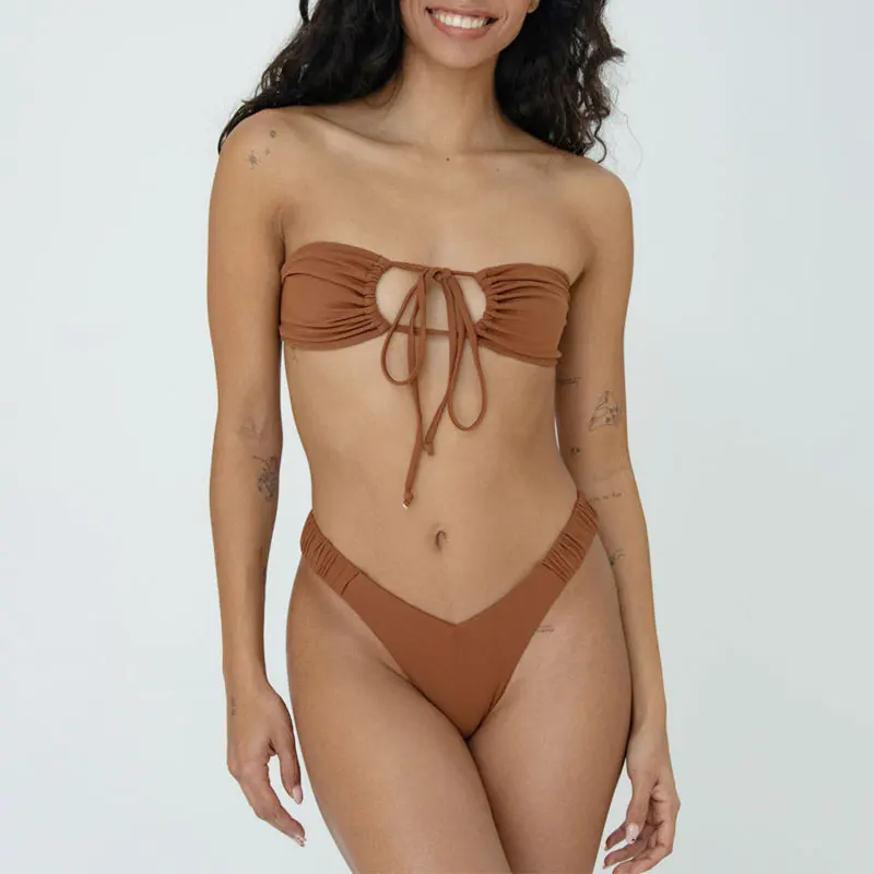 Bestway Strapless Two Pieces Bikini Sets for Women 2024 Summer Solid Thong Swimwear Beachwear Low Waist Bikini Set