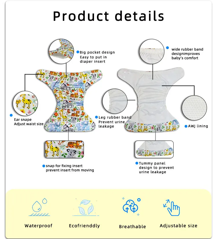 Wholesale One Size Fits All Breathable Soft Washable  AWJ Baby Cloth Diaper Reusable Print PUL Diapers/Nappies