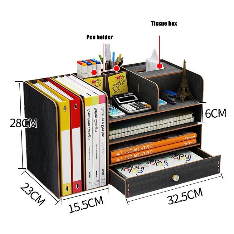 Bamboo Wooden Office Desktop Organizer Desk Bookshelf Storage Shelf Rack Bookcase with Drawer