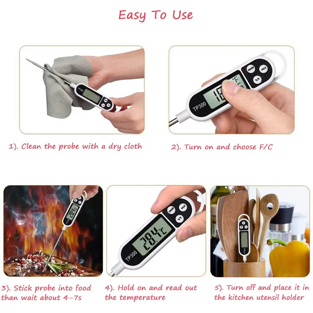 TP300 Food Thermometer Digital Meat Cooking Thermometer for BBQ Meat Sugar Milk Water Jam