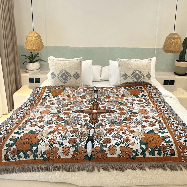 Ins new design bohemian custom floral cotton woven jacquard tapestry picnic throw blanket