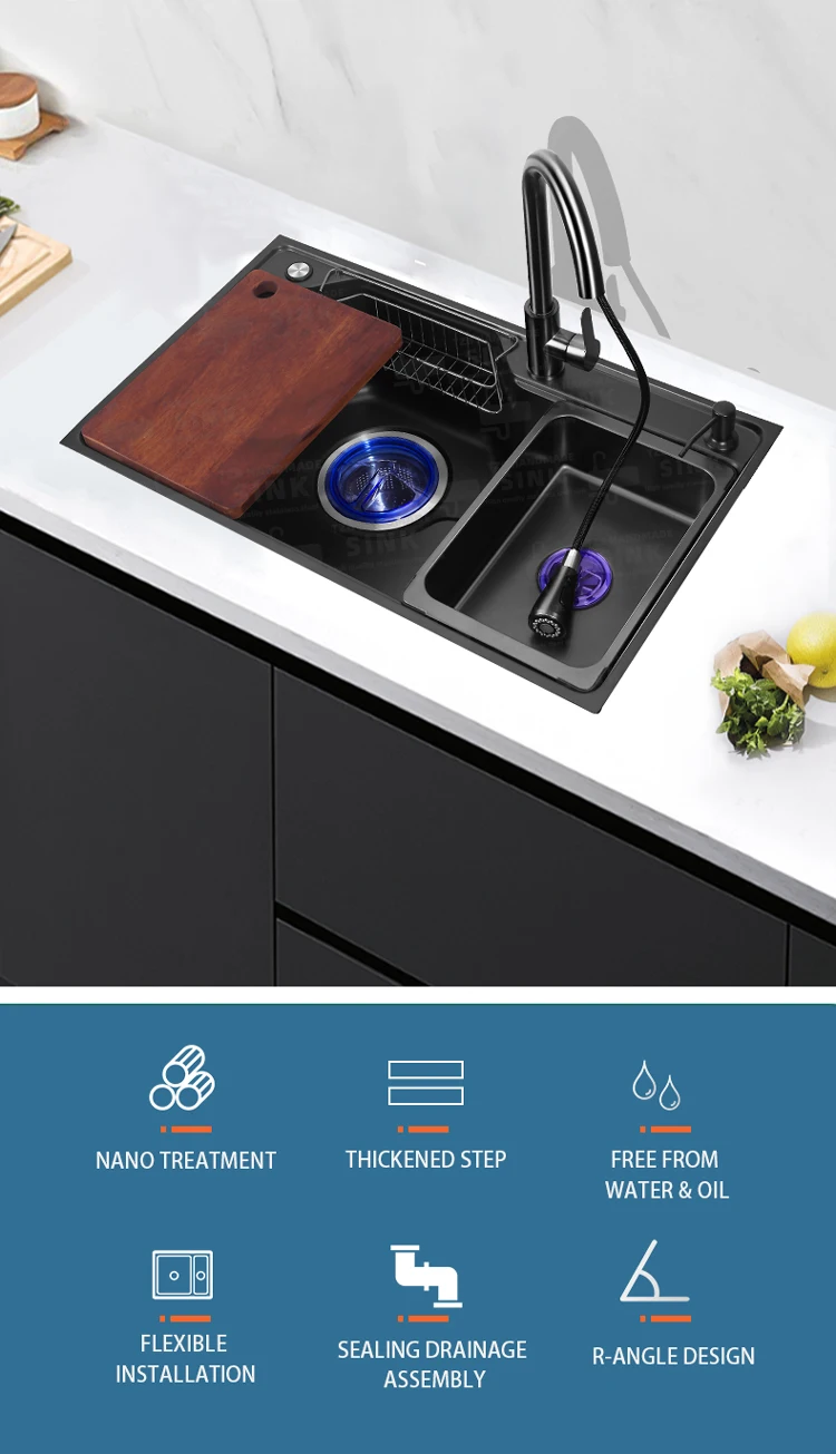 Apartment Nano Stainless Steel Handmade Sinks Dish Drainer Rack Basket Big Holes Drainage Smart Modern Kitchen Sink