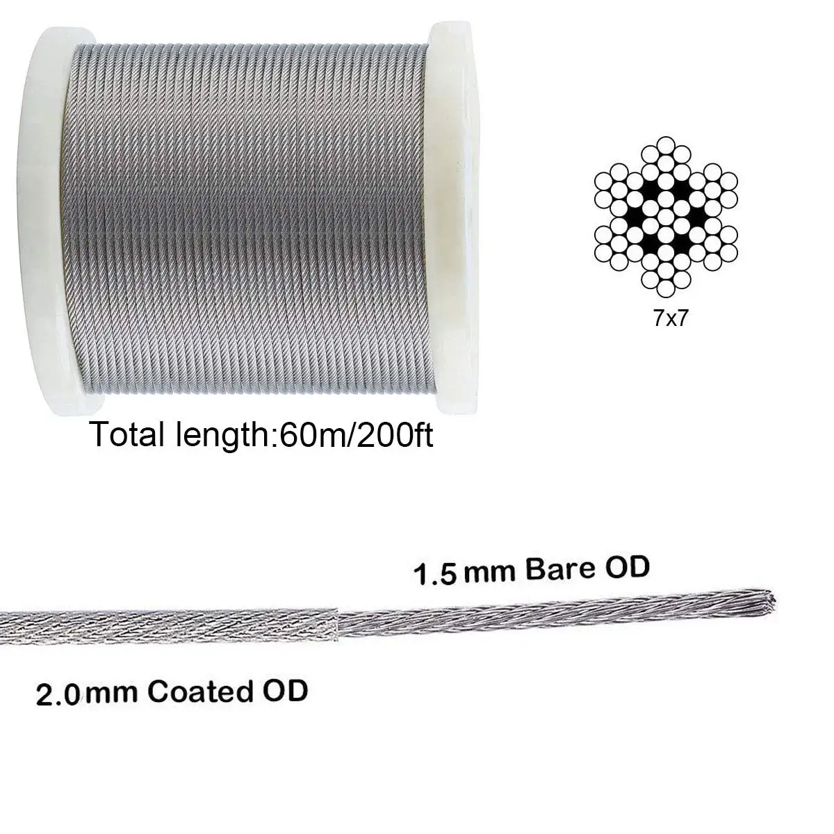 Turnbuckle Wire Tensioner 1/16 Wire Rope Kit,200ft Stainless Steel Coated Cable Wire Rope,M5 Turnbuckles Cable Railing Kit