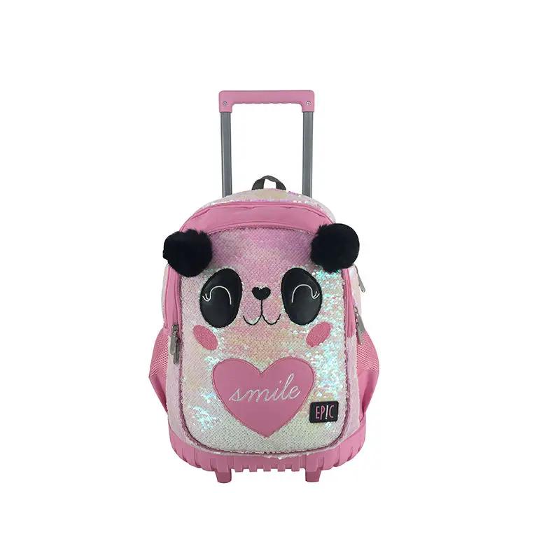 2023 new design girls cute panda pink glitter sequin backpack trolley school bag wheeled school backpack