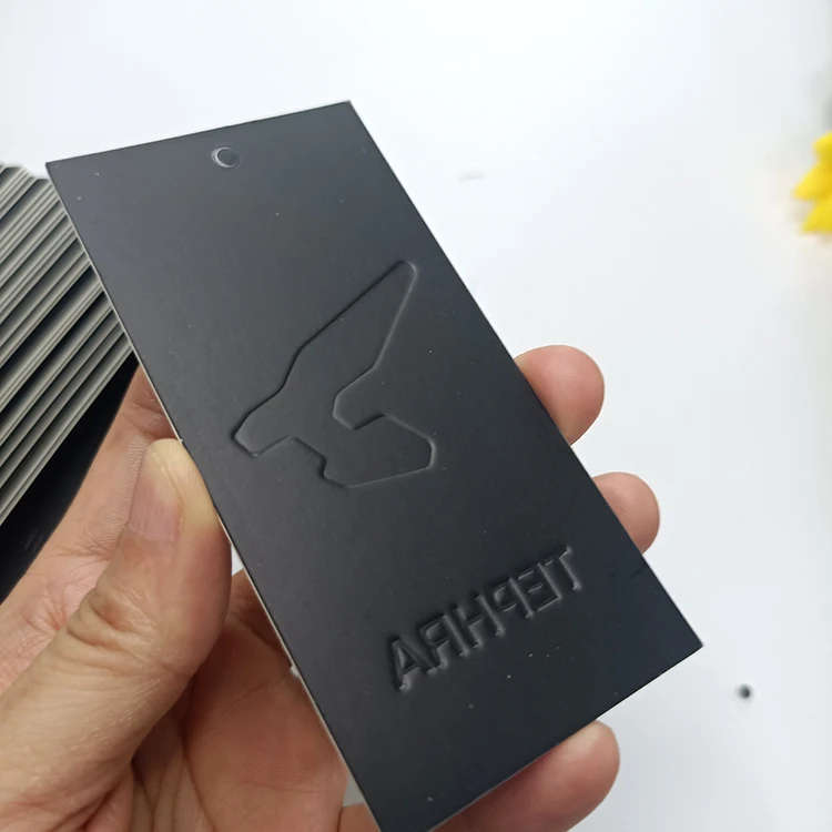 Custom embossed logo design black black cardboard art paper price tag hang tags clothing,printed garment hangtag