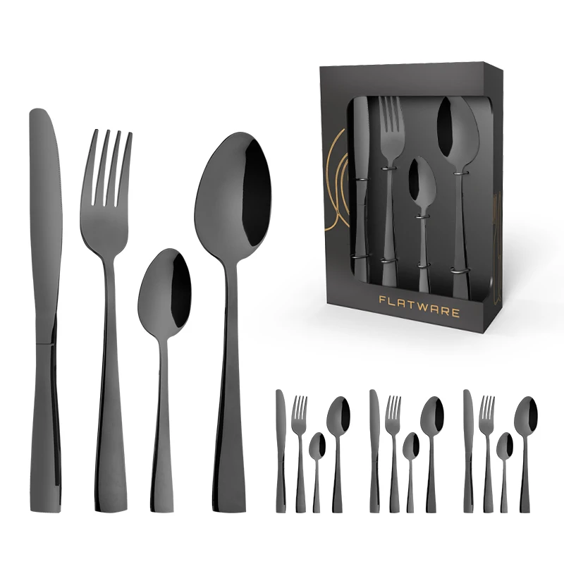 Luxury Mirror Black Restaurant Wedding Portable  16pcs Knife Spoon Fork Flatware Stainless Steel Cutlery Set With window Box