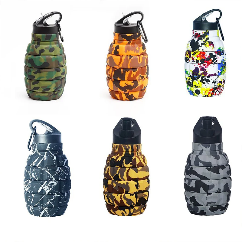 Collapsible Handle Grenade Sport Water Bottle Food Grade Silicone Outdoor Biking Hiking Kettle With Hook Mountaineering Buckle