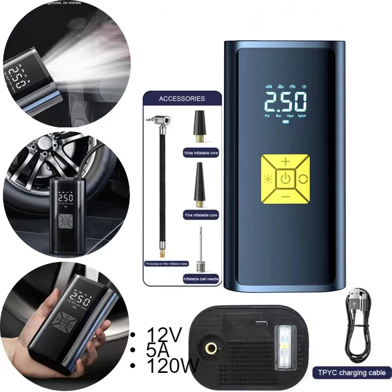 Fast Inflating Portable Air Compressor Four Pressure Unit LED Light Auto Stop Wireless Tire Inflator Pump