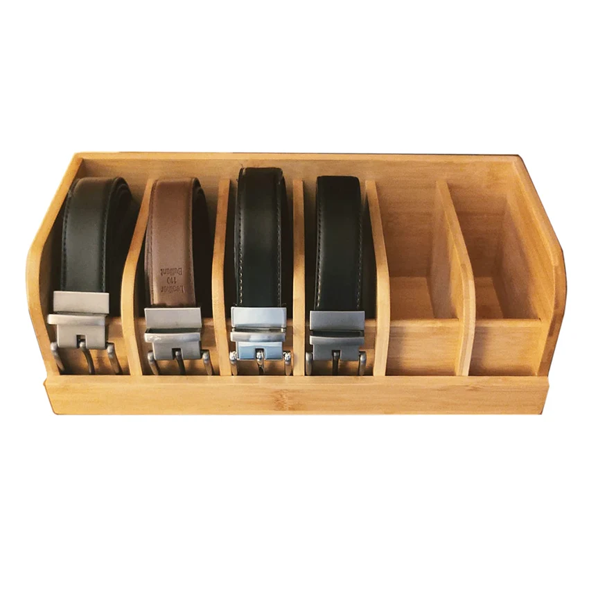 Bamboo Belt Organizer, 6 or 8 Compartments Belt Storage Holder for Closet and Drawer