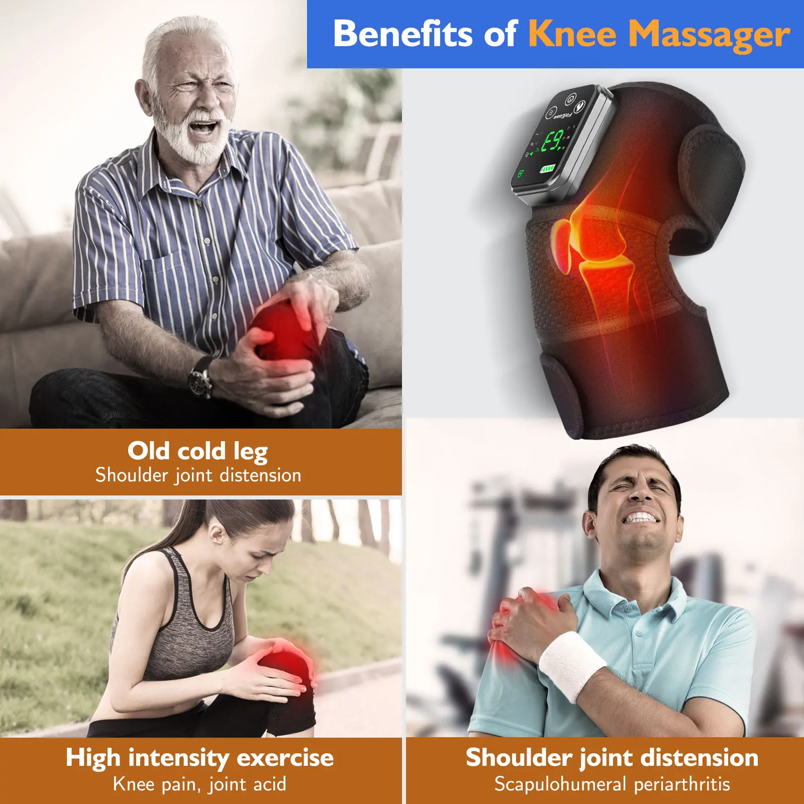 3 in 1 Shoulder Elbow Knee Pads Wireless Electric Heating Vibration Massager for Arthritis Pain Relief