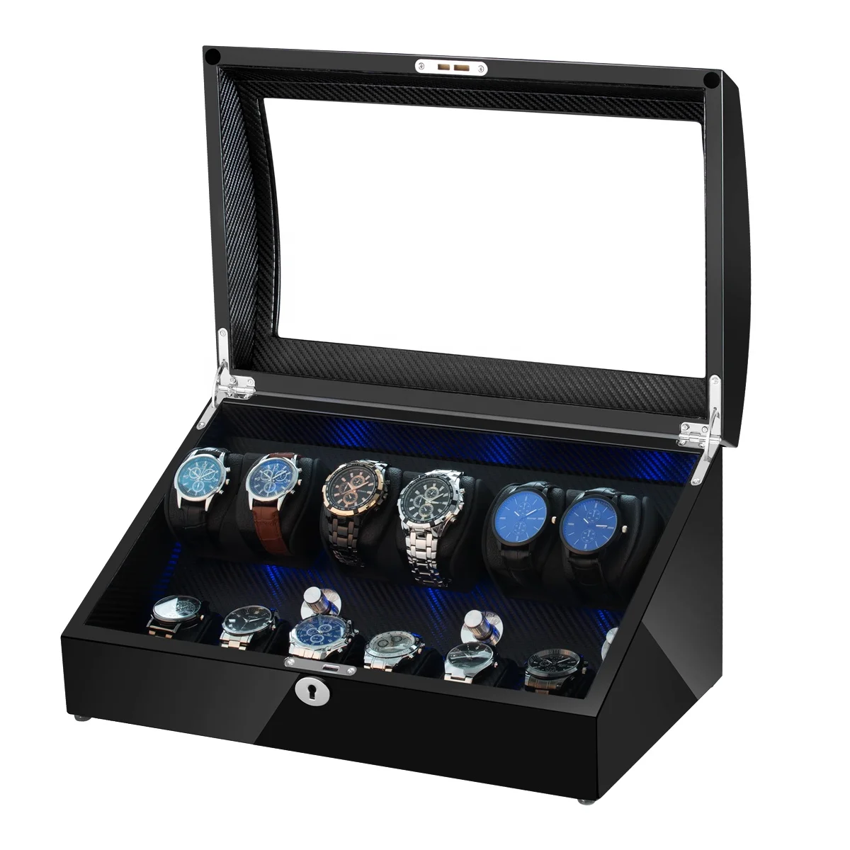 Triple Rotors MDF wood watch winder LED light watch storage box for 6+6 watches