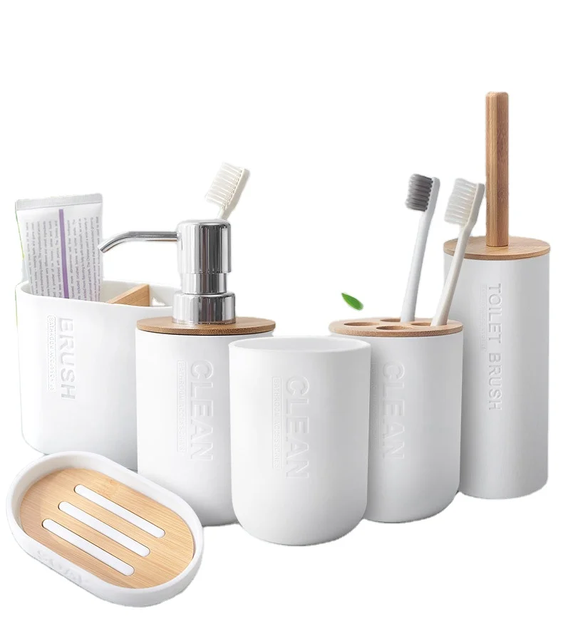 Bamboo Five-Piece Set Bathroom Toilet Brush Toothbrush Holder Gargle Cup Soap Holder Lotion Dispenser Bathroom Accessories