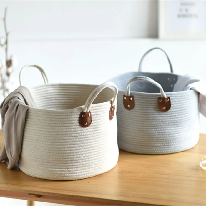 Washable  woven Cotton Rope toy Storage Baskets clothing substainable  Laundry Basket With reinforce Handles